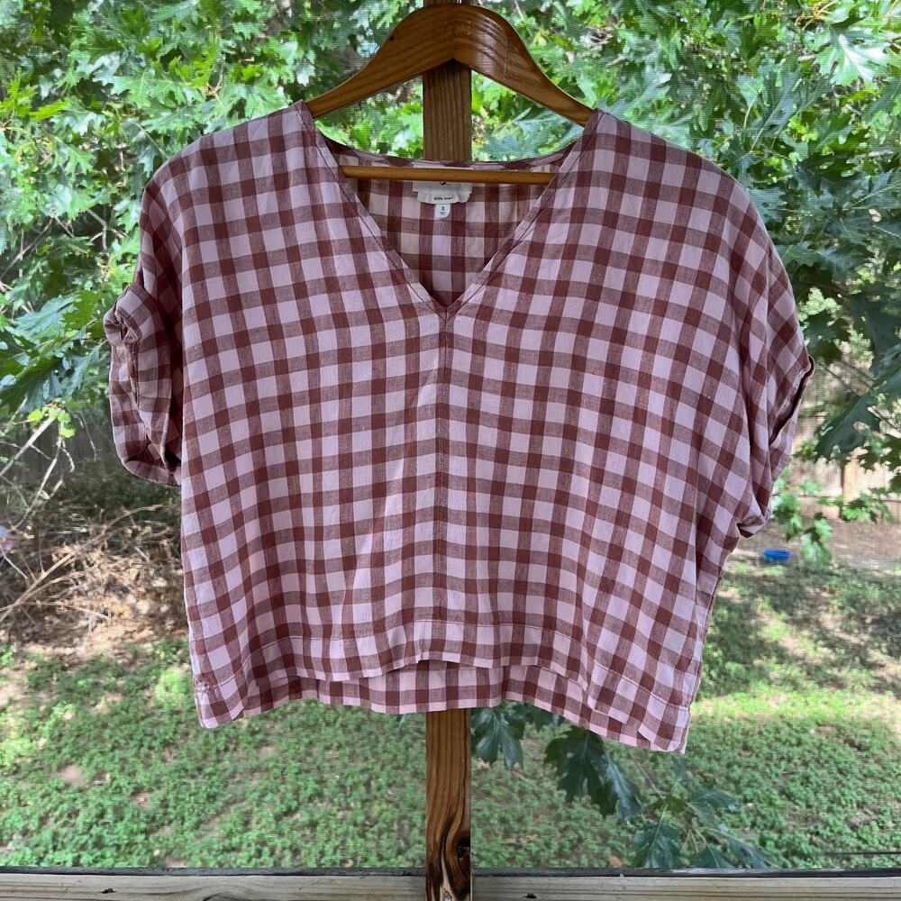 Lou & Grey Women's Mauve Checkered 100% Linen Crop Top Size S